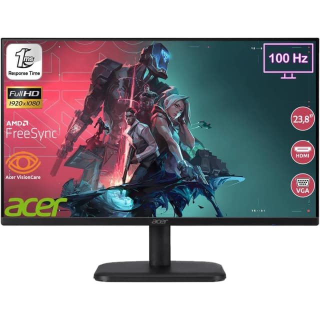 Acer EK241Y Monitor, 23.8" FHD IPS Display, 100Hz Refresh Rate, 1ms (VRB) Response Time, AMD FreeSync Technology, Built-In Speakers, Flickerless Feature, Black
